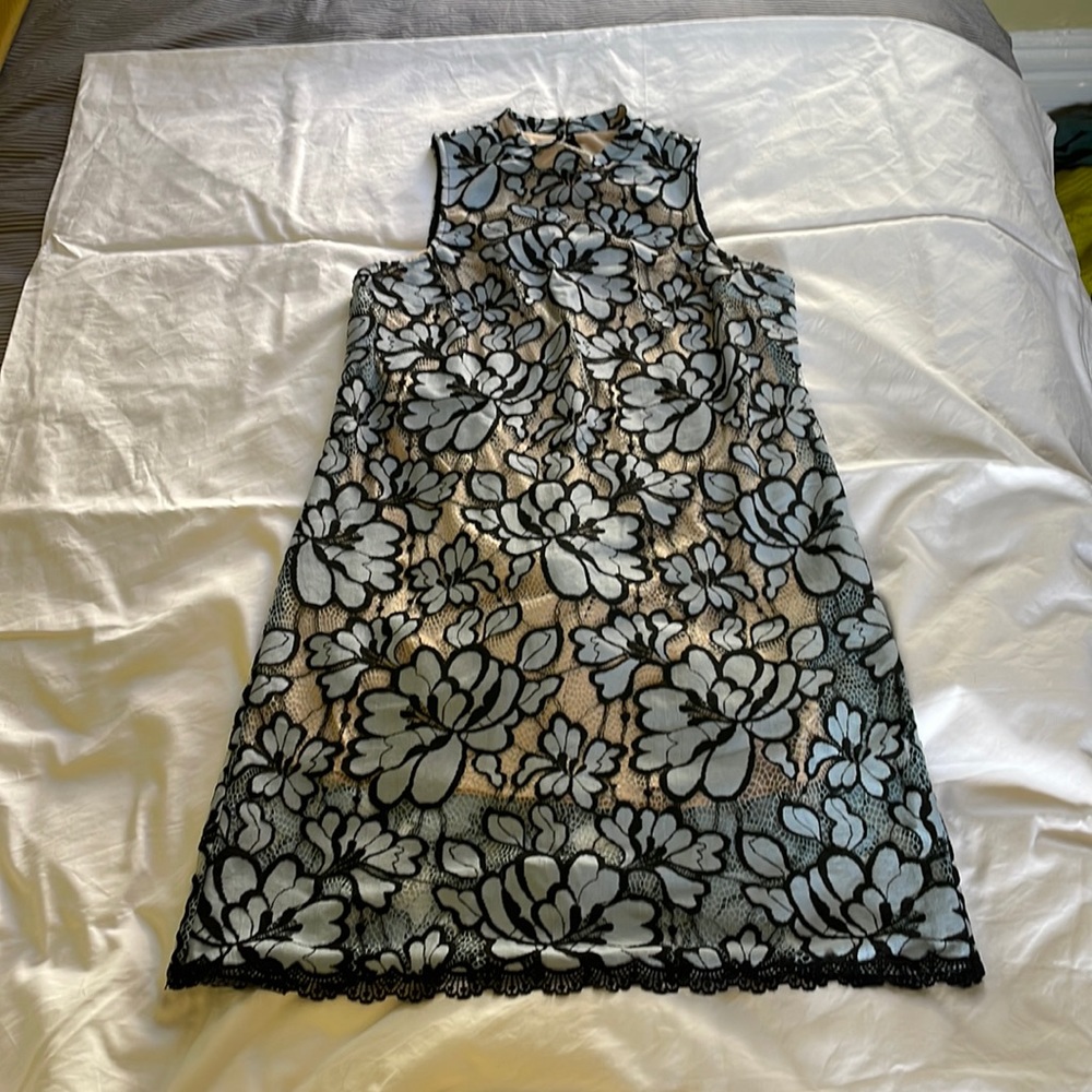 Blue and black lace sleeveless dress by Anthro.